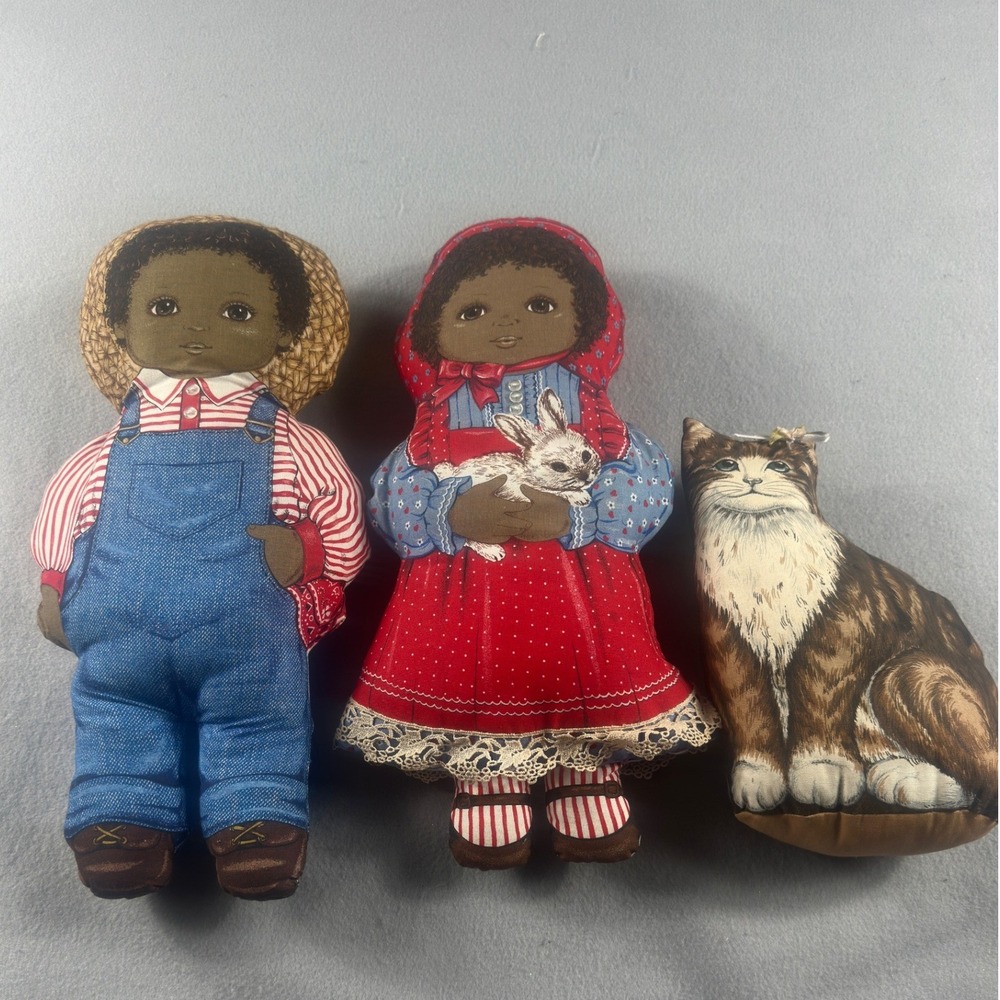 Vintage Folk Art Cloth Dolls Boy Girl Cat Stuffed Fabric Decor Lot of 3 Bunny